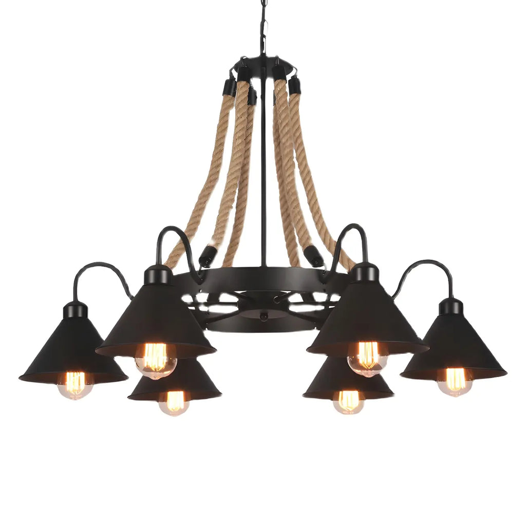 Lustre rustique vintage en métal noir et corde