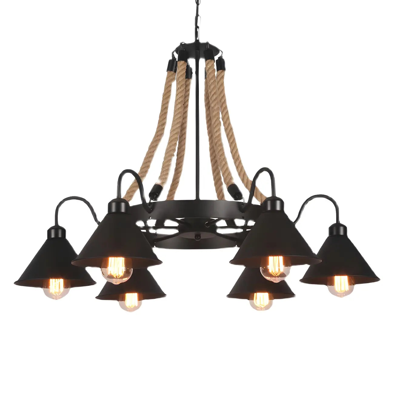 Lustre rustique vintage en métal noir et corde