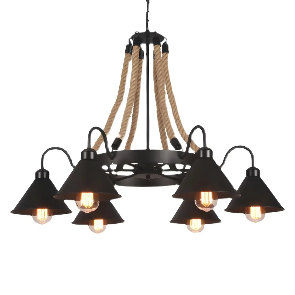 Lustre rustique vintage en métal noir et corde
