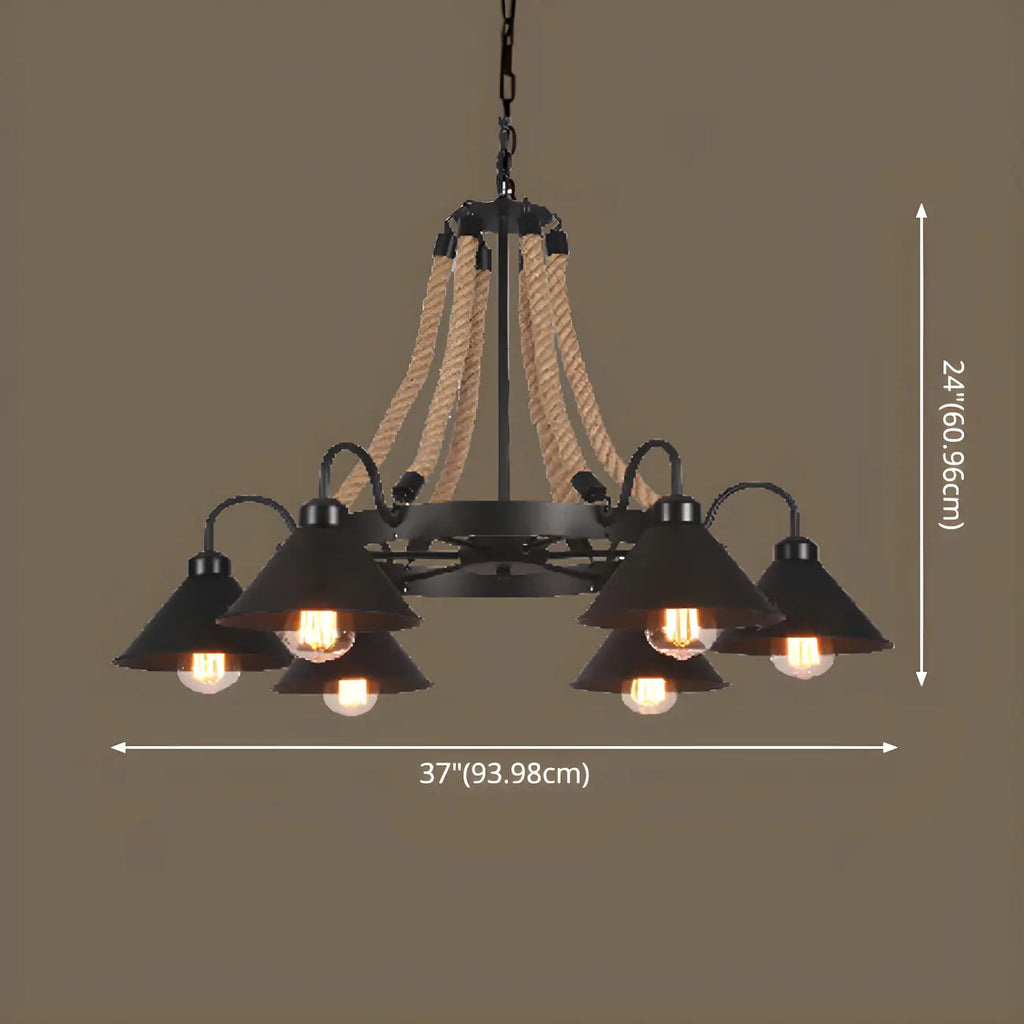 Lustre rustique vintage en métal noir et corde