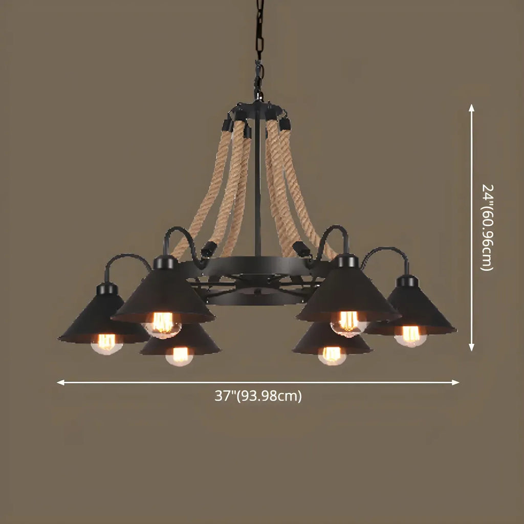 Lustre rustique vintage en métal noir et corde