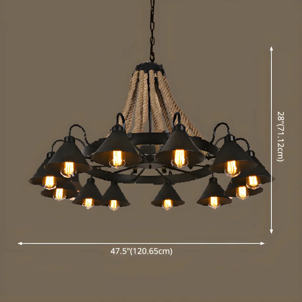 Lustre rustique vintage en métal noir et corde