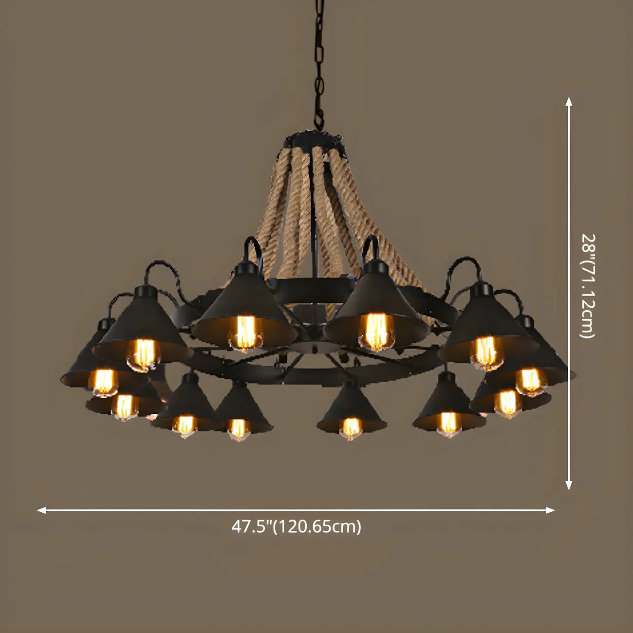 Lustre rustique vintage en métal noir et corde