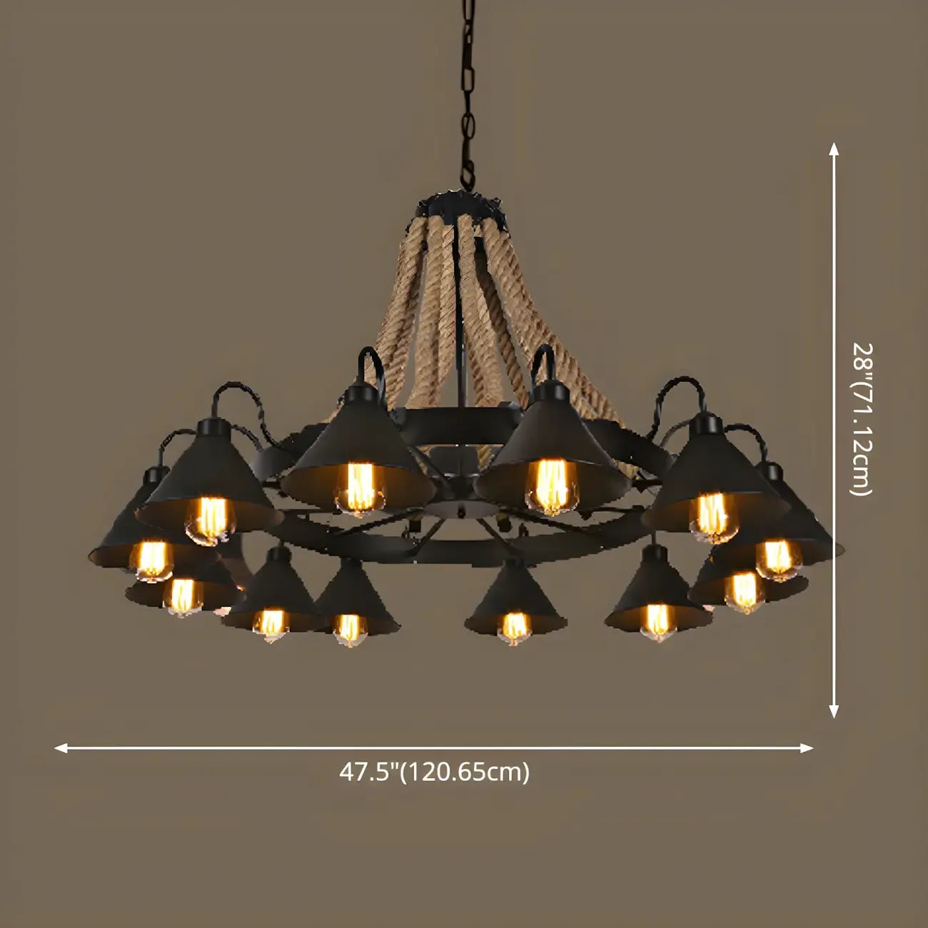 Lustre rustique vintage en métal noir et corde