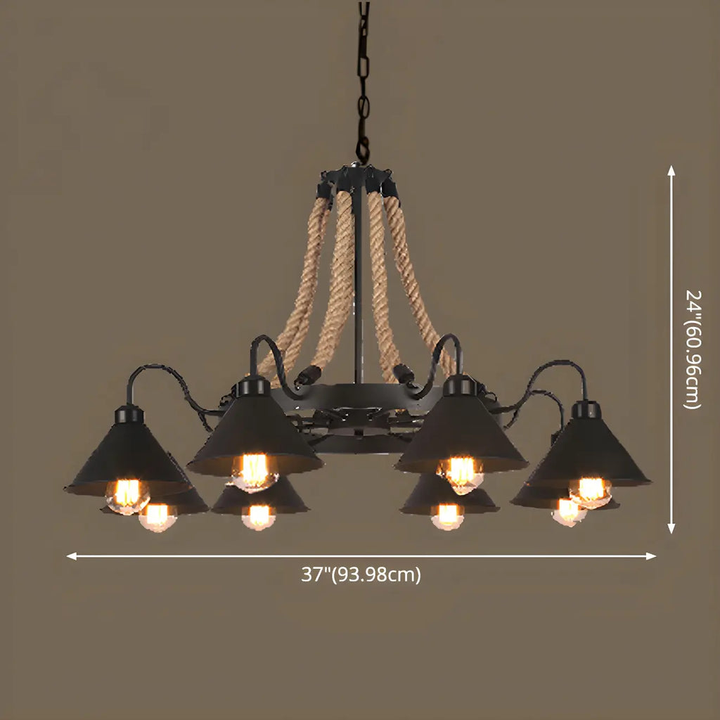 Lustre rustique vintage en métal noir et corde