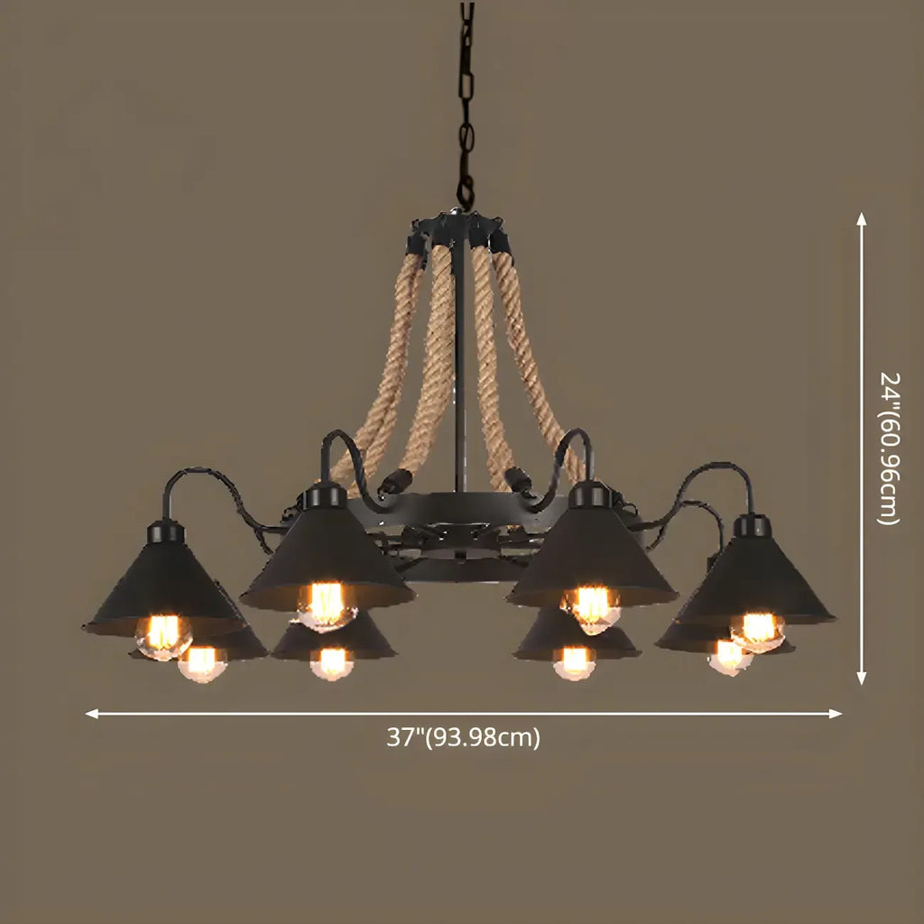 Lustre rustique vintage en métal noir et corde