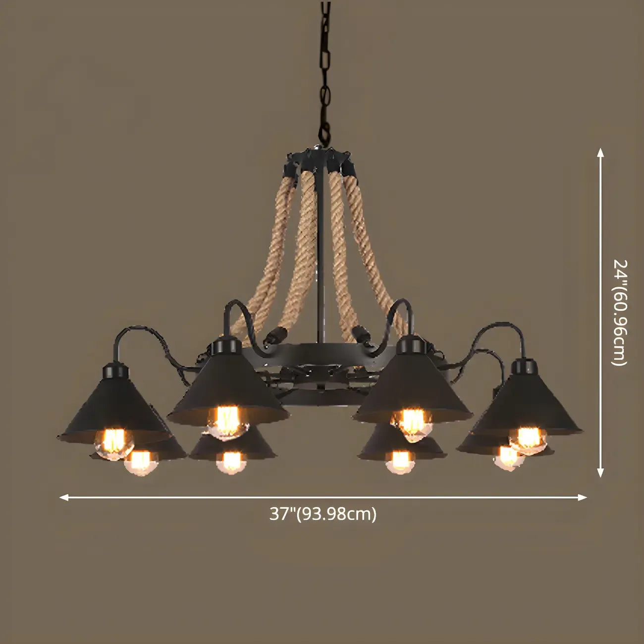 Lustre rustique vintage en métal noir et corde