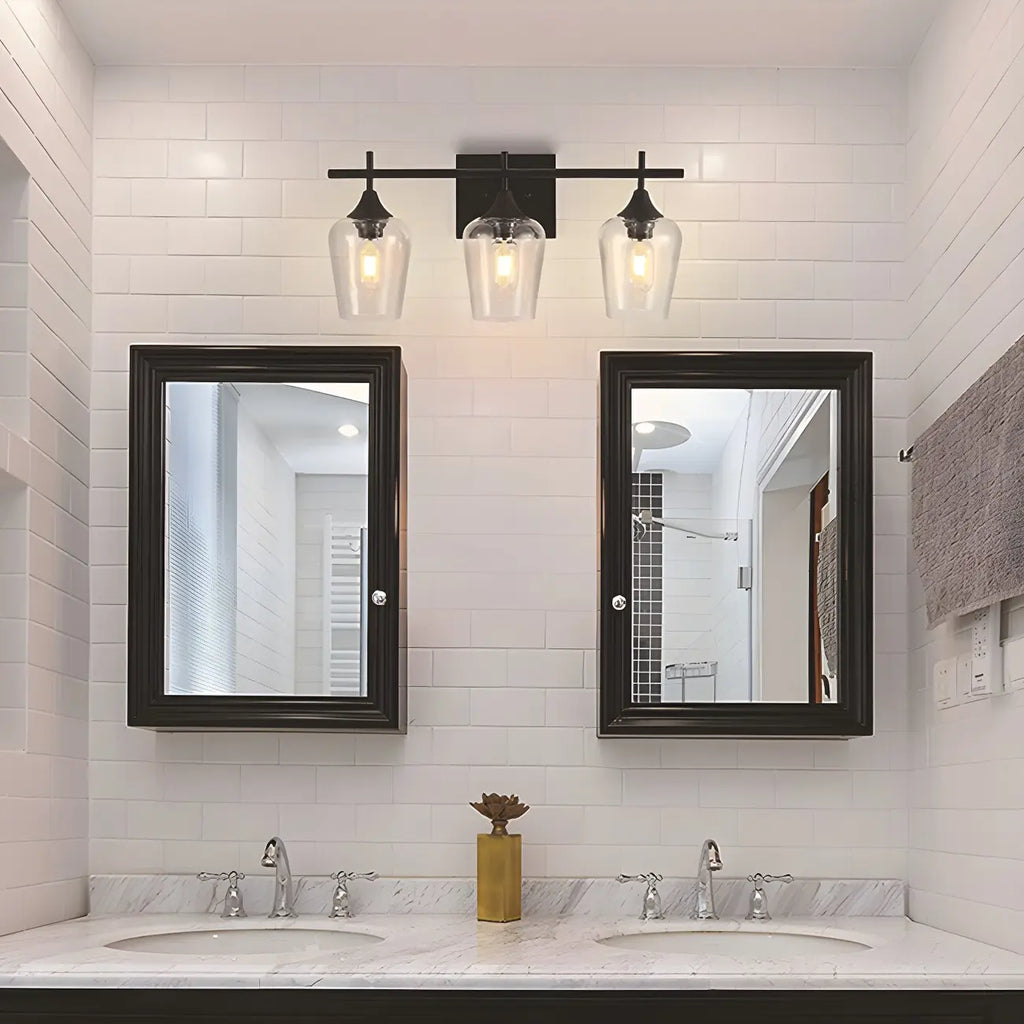 Applique da bagno a 3 luci in stile industriale con paralume in vetro e LED