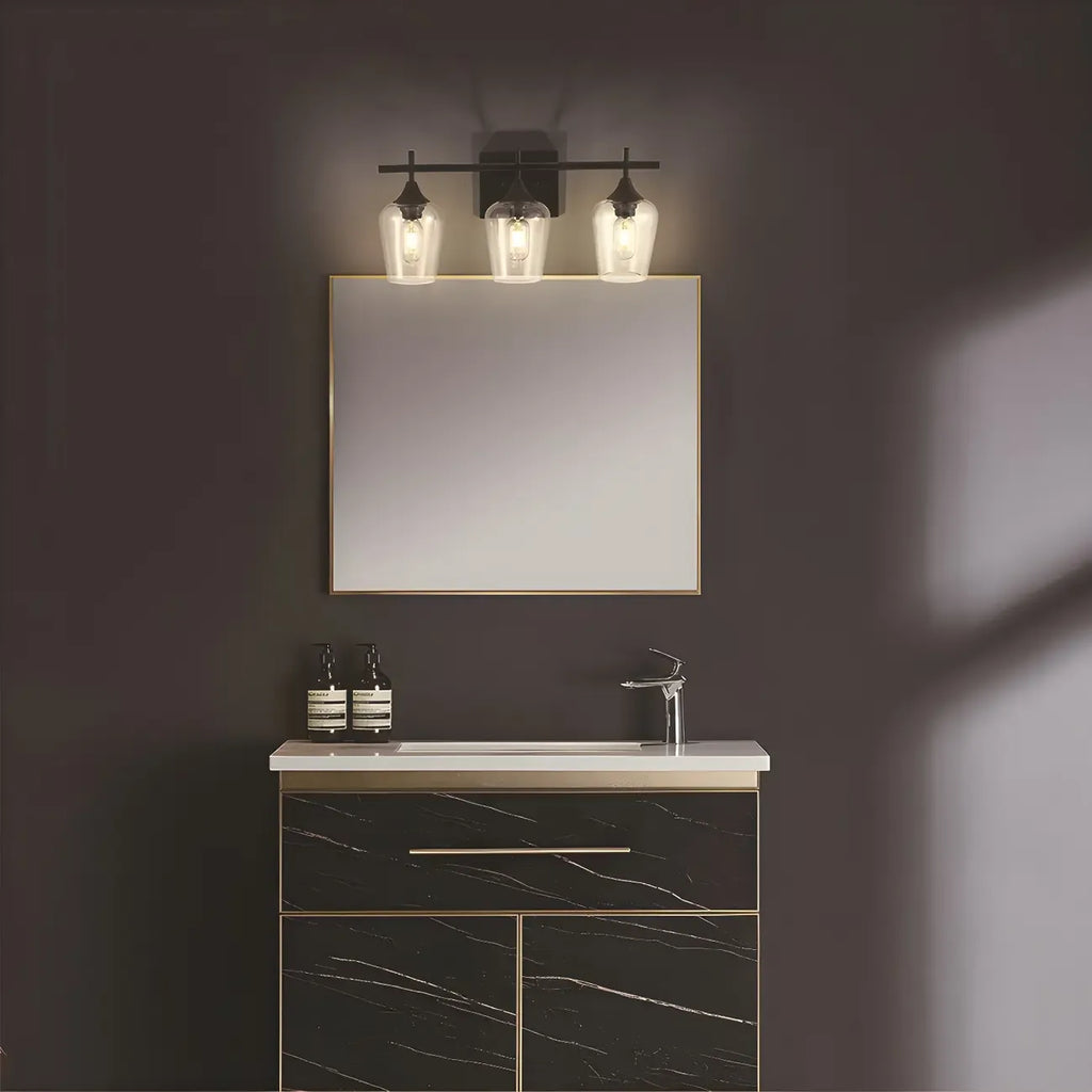Applique da bagno a 3 luci in stile industriale con paralume in vetro e LED
