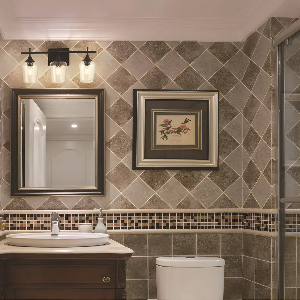 Applique da bagno a 3 luci in stile industriale con paralume in vetro e LED