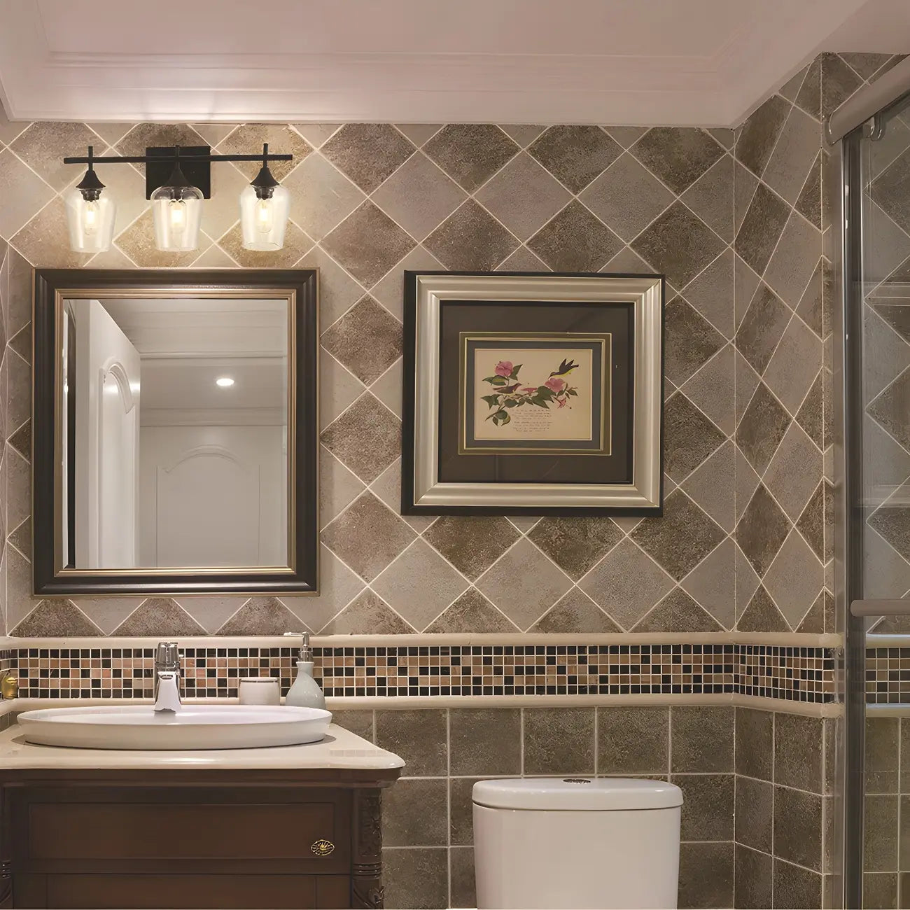 Applique da bagno a 3 luci in stile industriale con paralume in vetro e LED