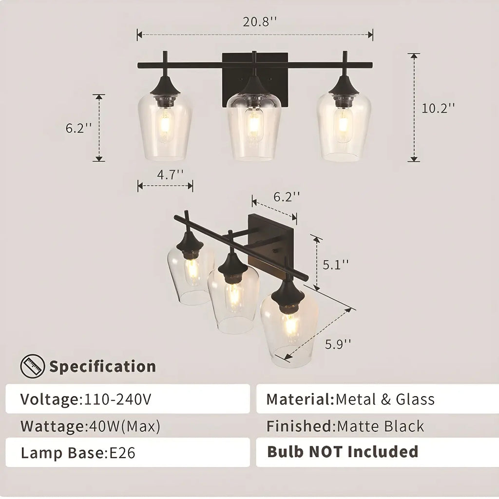 Applique da bagno a 3 luci in stile industriale con paralume in vetro e LED