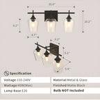 Applique da bagno a 3 luci in stile industriale con paralume in vetro e LED