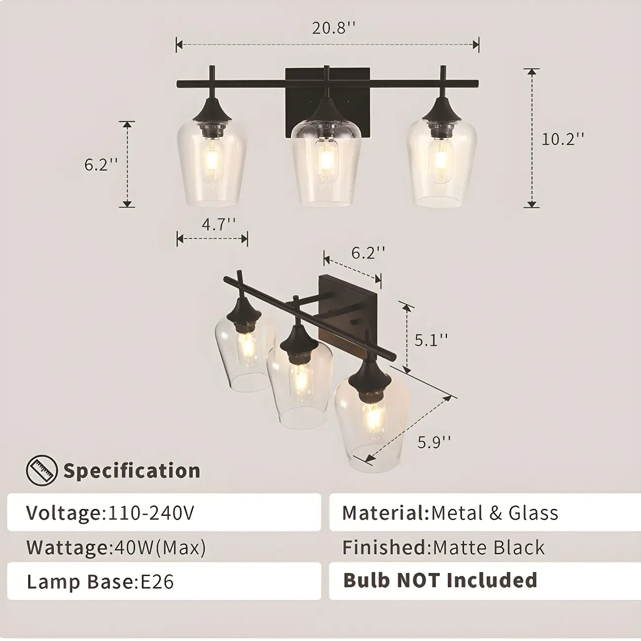 Applique da bagno a 3 luci in stile industriale con paralume in vetro e LED