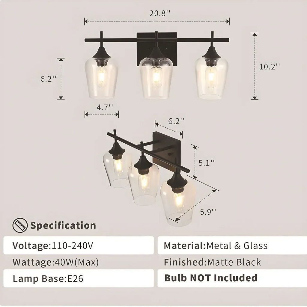 Applique da bagno a 3 luci in stile industriale con paralume in vetro e LED