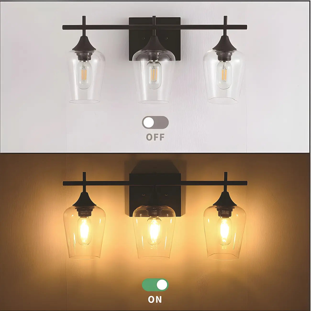 Applique da bagno a 3 luci in stile industriale con paralume in vetro e LED