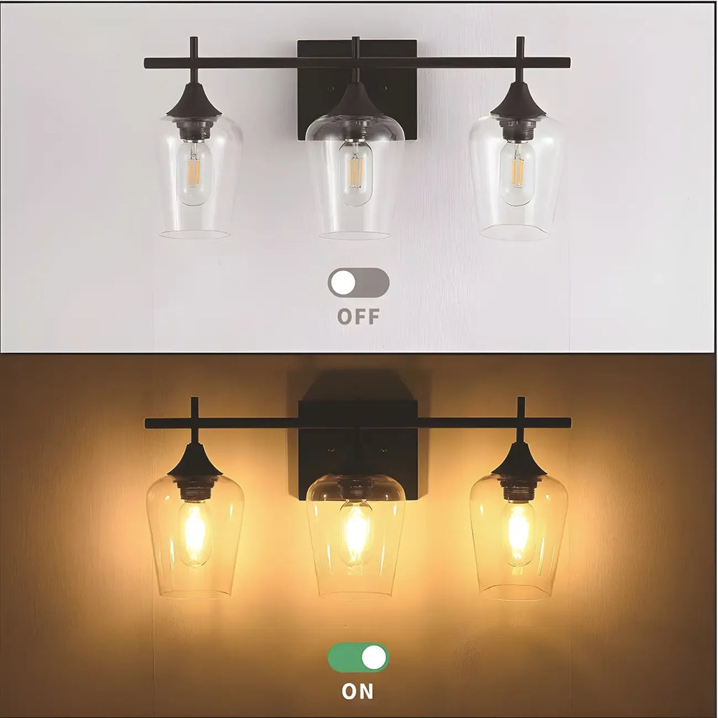 Applique da bagno a 3 luci in stile industriale con paralume in vetro e LED