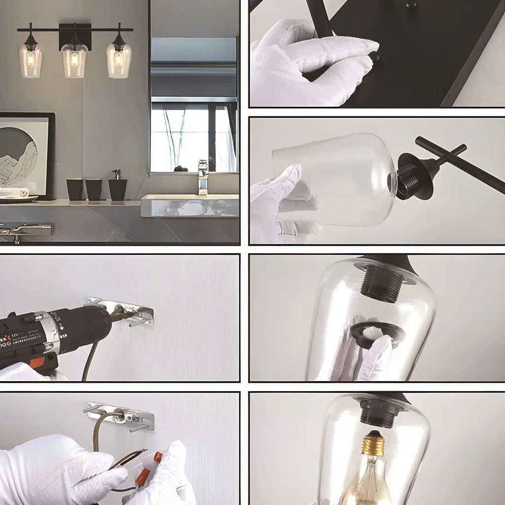 Applique da bagno a 3 luci in stile industriale con paralume in vetro e LED