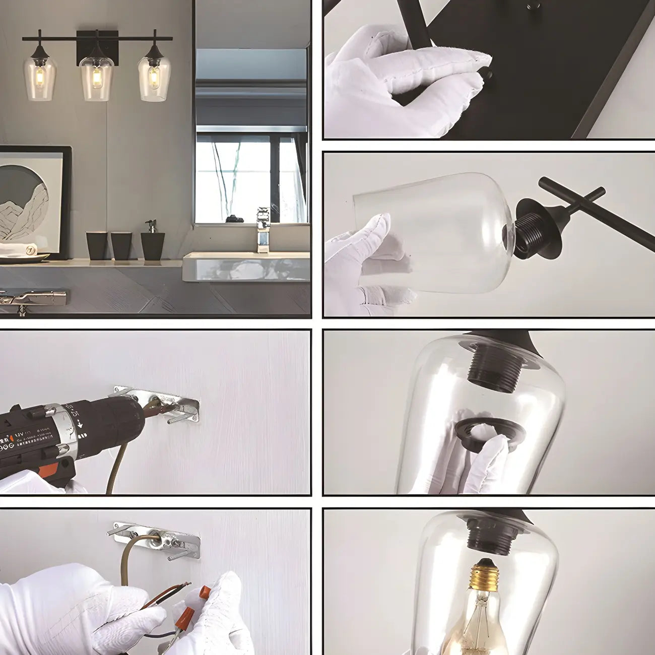 Applique da bagno a 3 luci in stile industriale con paralume in vetro e LED