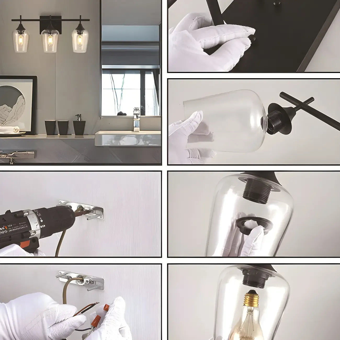 Applique da bagno a 3 luci in stile industriale con paralume in vetro e LED
