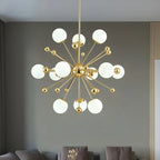 Lustre Sputnik moderne à 12 lumières en verre blanc avec tiges de suspension dorées
