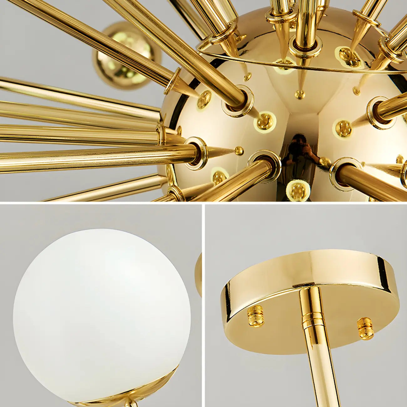 Lustre Sputnik moderne à 12 lumières en verre blanc avec tiges de suspension dorées