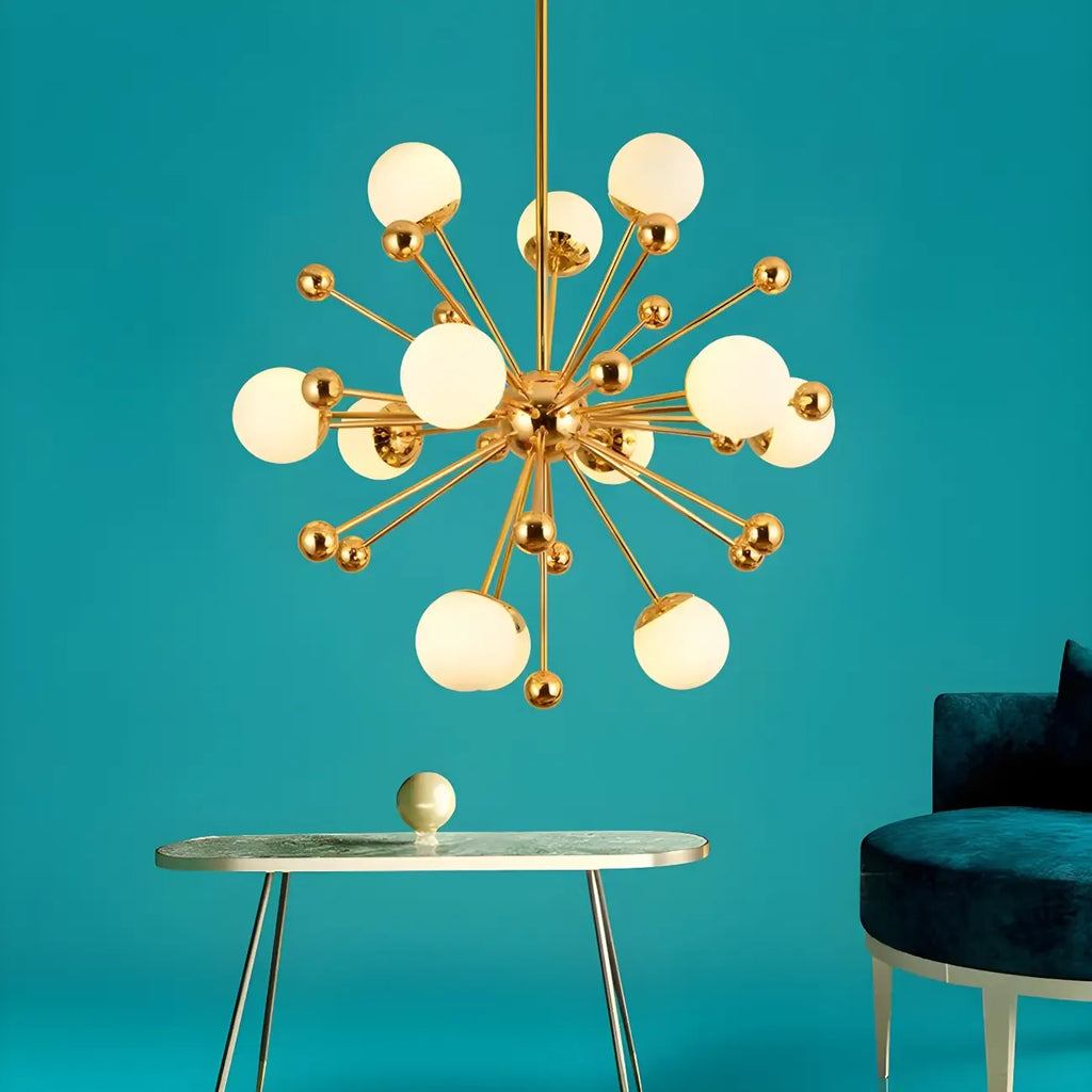 Lustre Sputnik moderne à 12 lumières en verre blanc avec tiges de suspension dorées