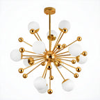 Lustre Sputnik moderne à 12 lumières en verre blanc avec tiges de suspension dorées