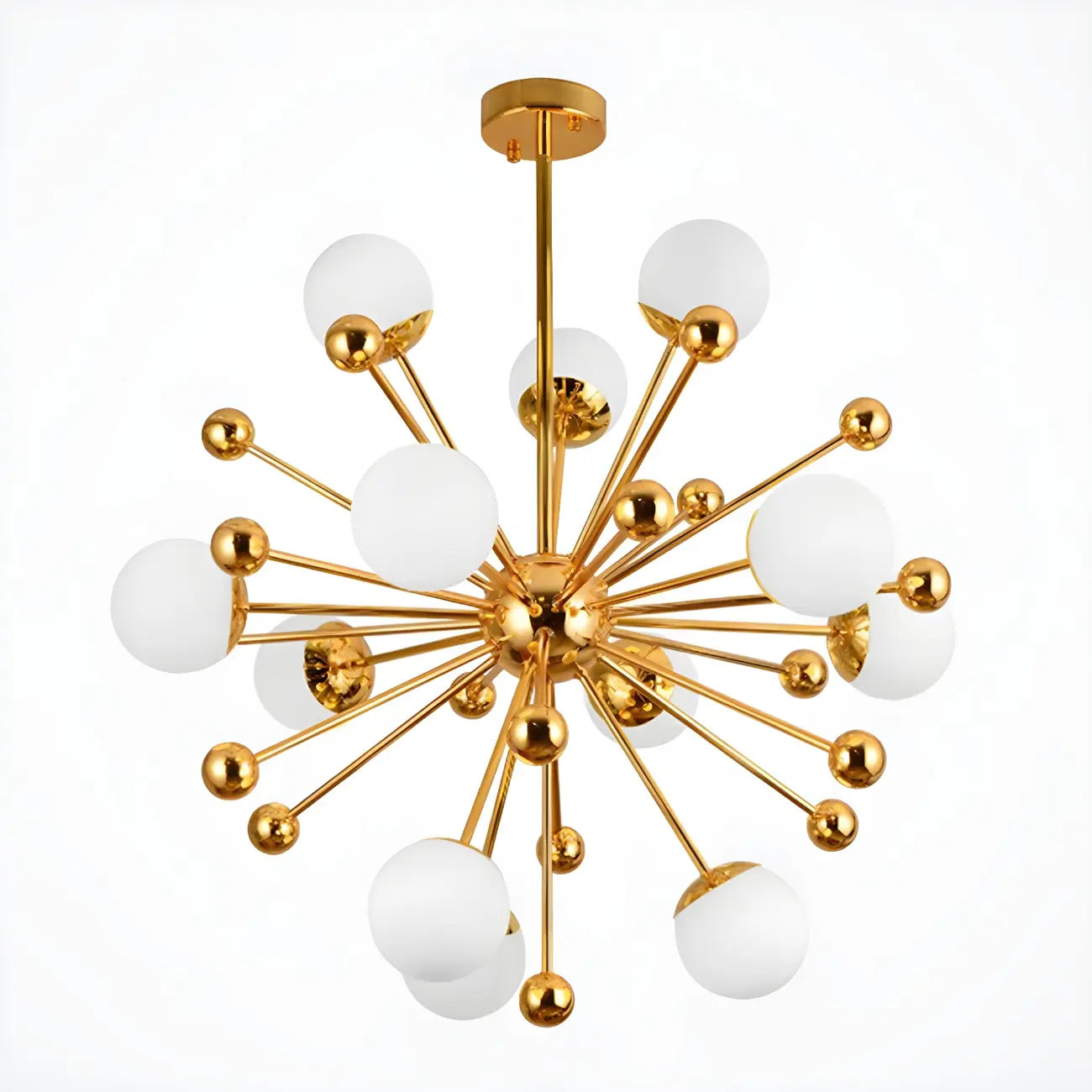 Lustre Sputnik moderne à 12 lumières en verre blanc avec tiges de suspension dorées