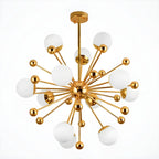 Lustre Sputnik moderne à 12 lumières en verre blanc avec tiges de suspension dorées