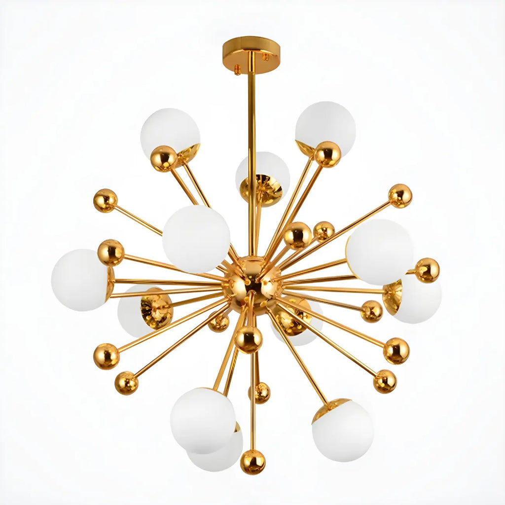 Lustre Sputnik moderne à 12 lumières en verre blanc avec tiges de suspension dorées