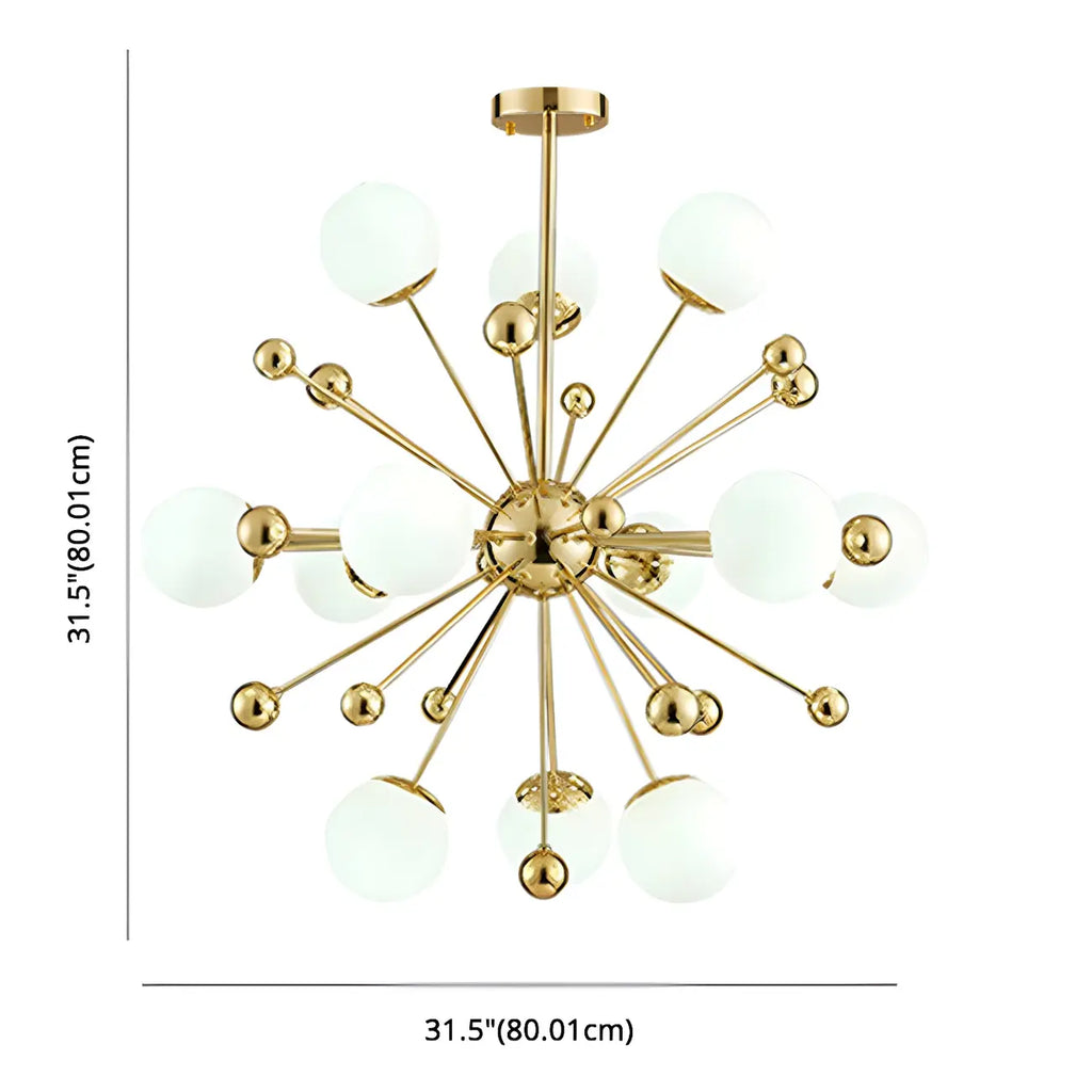 Lustre Sputnik moderne à 12 lumières en verre blanc avec tiges de suspension dorées