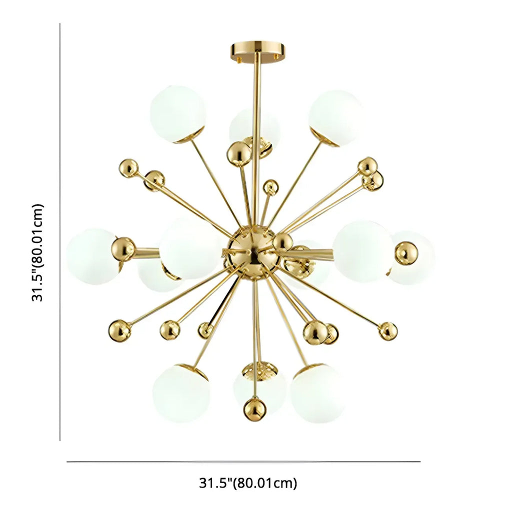 Lustre Sputnik moderne à 12 lumières en verre blanc avec tiges de suspension dorées