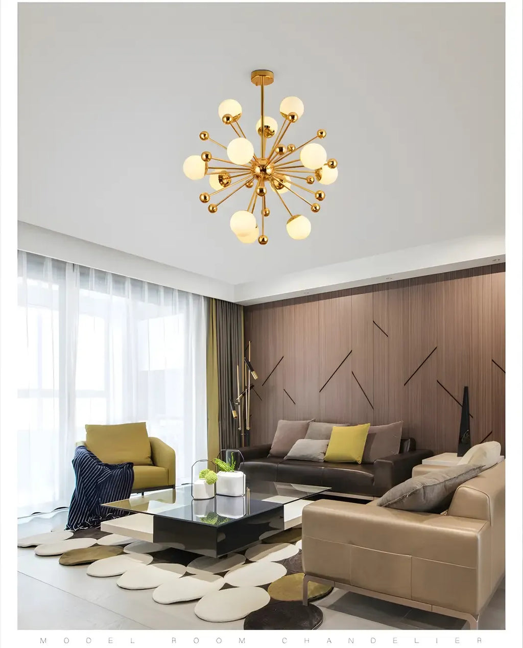 Lustre Sputnik moderne à 12 lumières en verre blanc avec tiges de suspension dorées