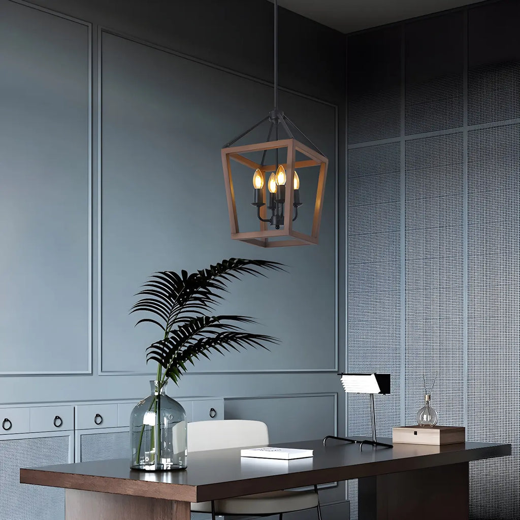 Lustre candélabre ouvert Simplicity en métal noir et bois