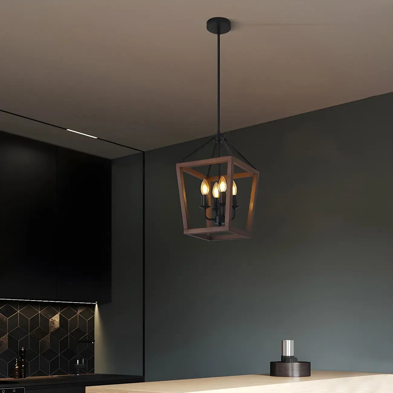 Lustre candélabre ouvert Simplicity en métal noir et bois