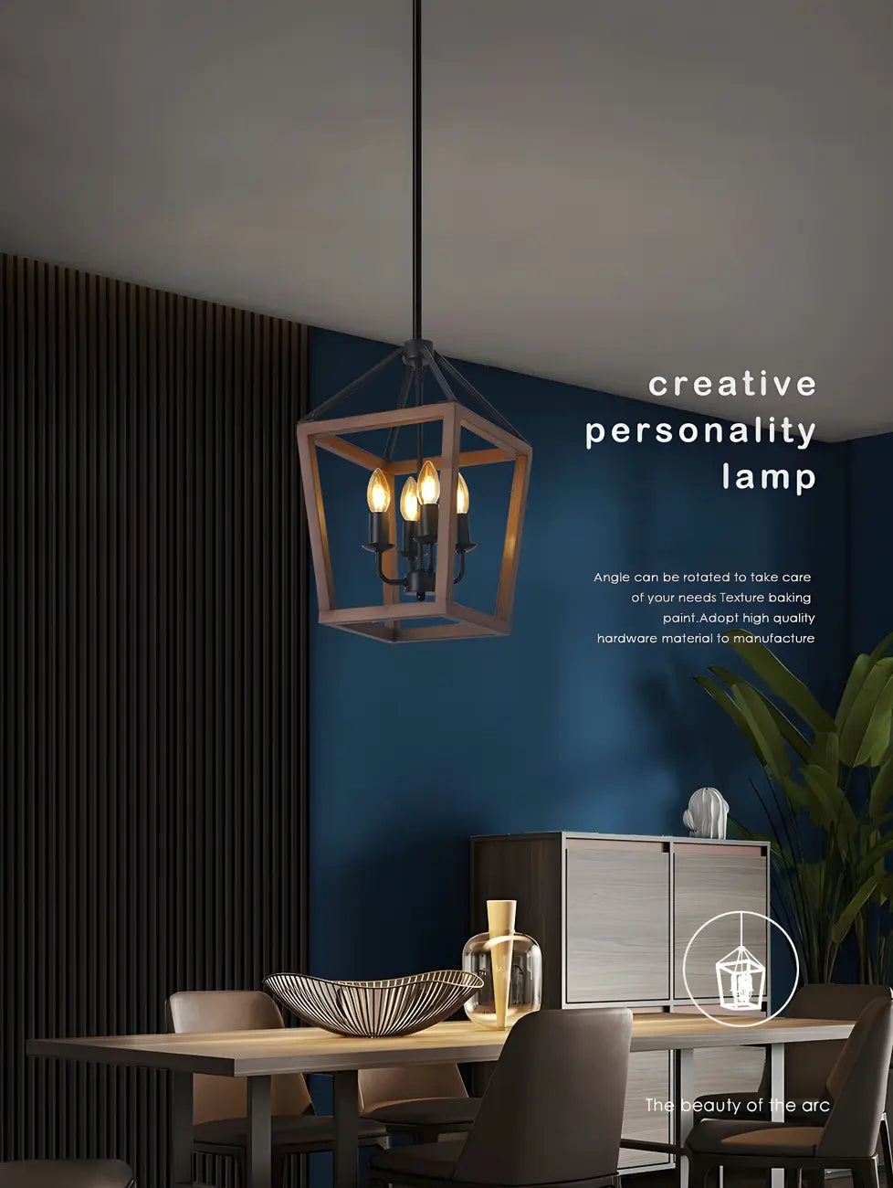 Lustre candélabre ouvert Simplicity en métal noir et bois