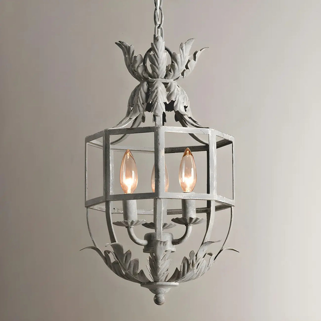 Lampadario a gabbia in ferro grigio anticato portacandele