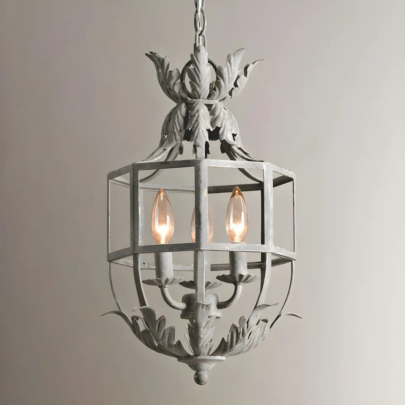 Lampadario a gabbia in ferro grigio anticato portacandele