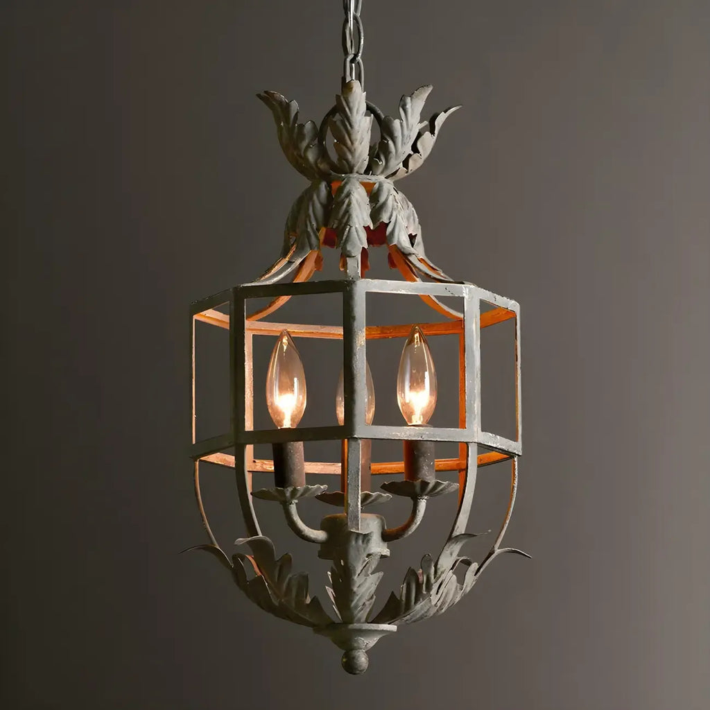 Lampadario a gabbia in ferro grigio anticato portacandele