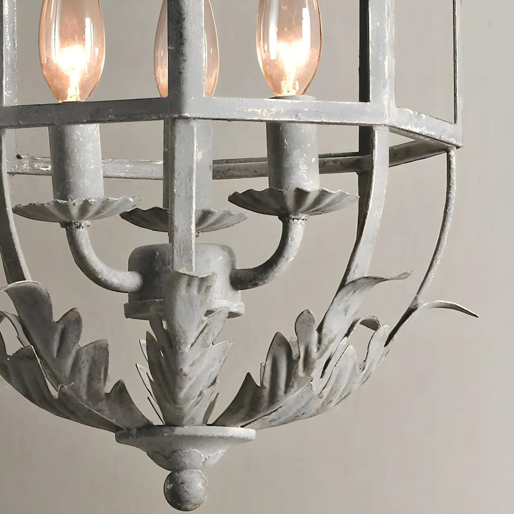 Lampadario a gabbia in ferro grigio anticato portacandele