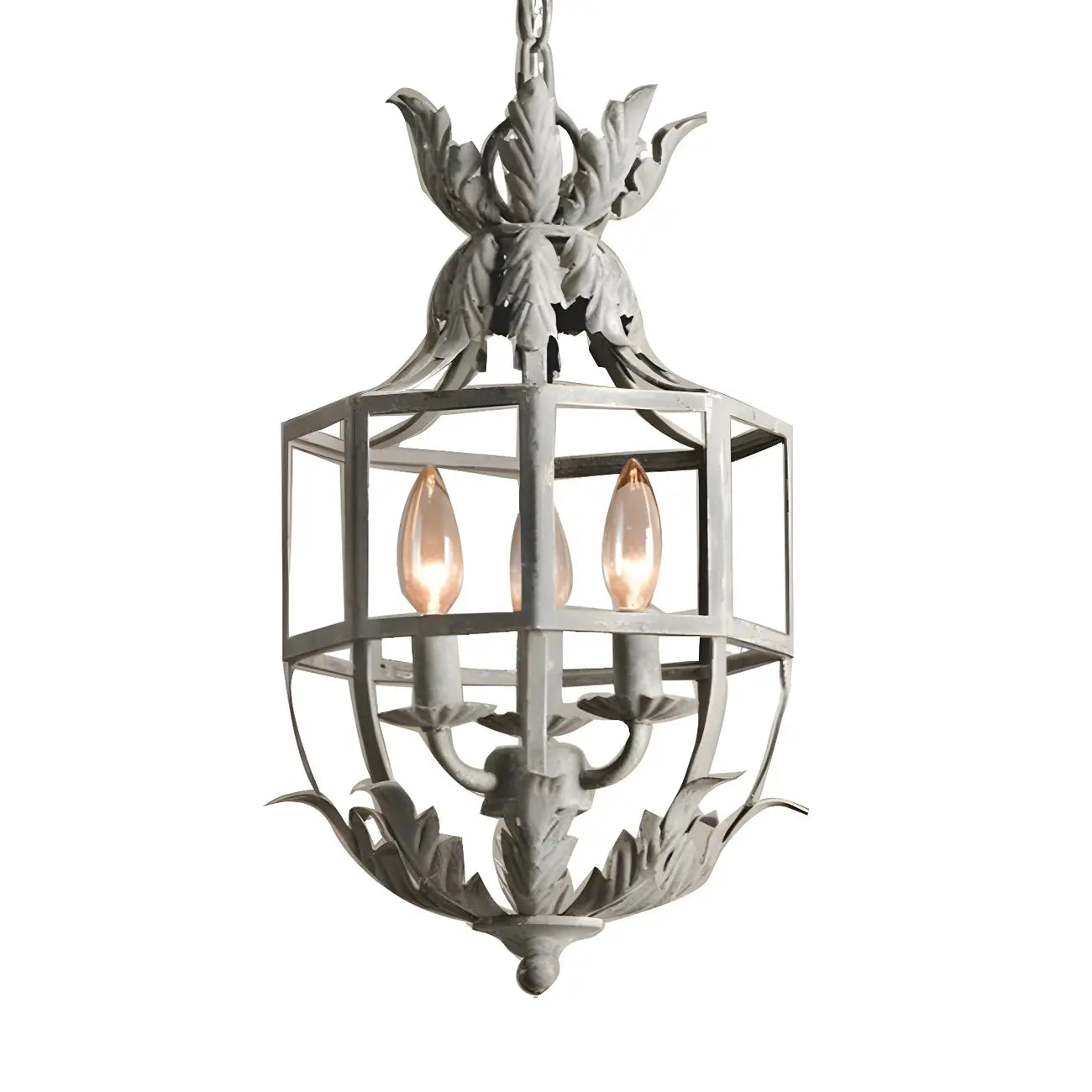 Lampadario a gabbia in ferro grigio anticato portacandele
