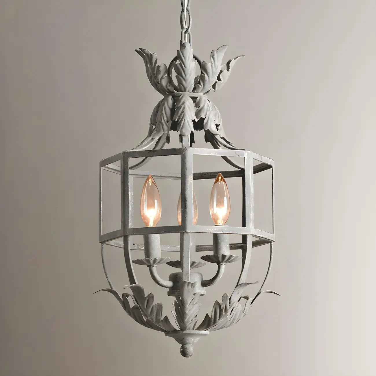 Lampadario a gabbia in ferro grigio anticato portacandele