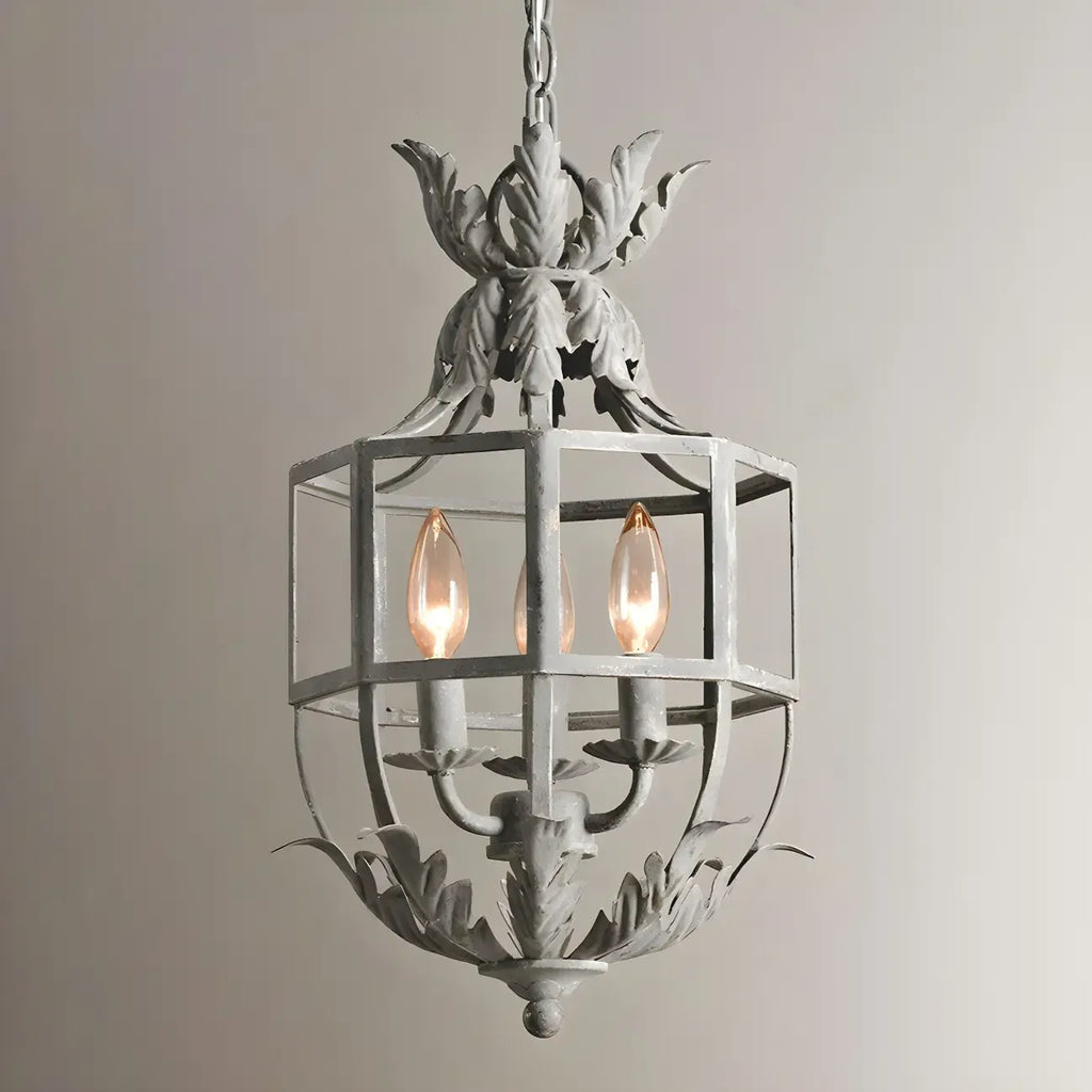 Lampadario a gabbia in ferro grigio anticato portacandele
