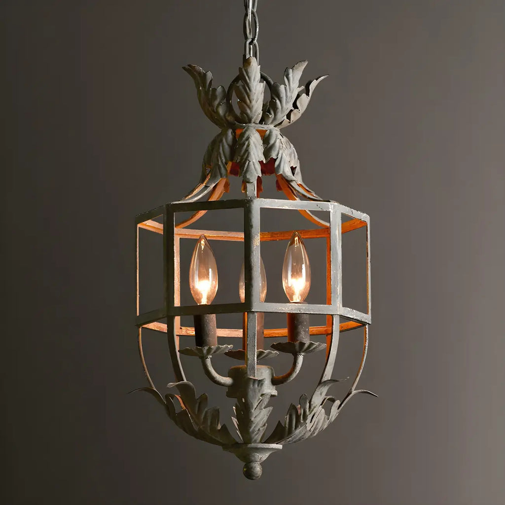 Lampadario a gabbia in ferro grigio anticato portacandele