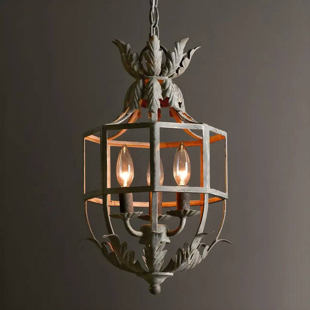 Lampadario a gabbia in ferro grigio anticato portacandele