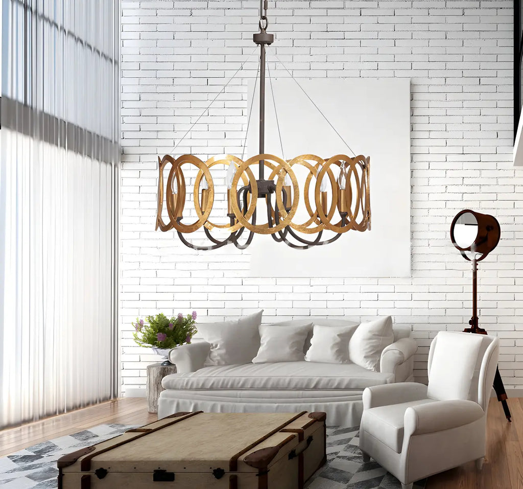 Lustre circulaire en métal doré style rouille industriel