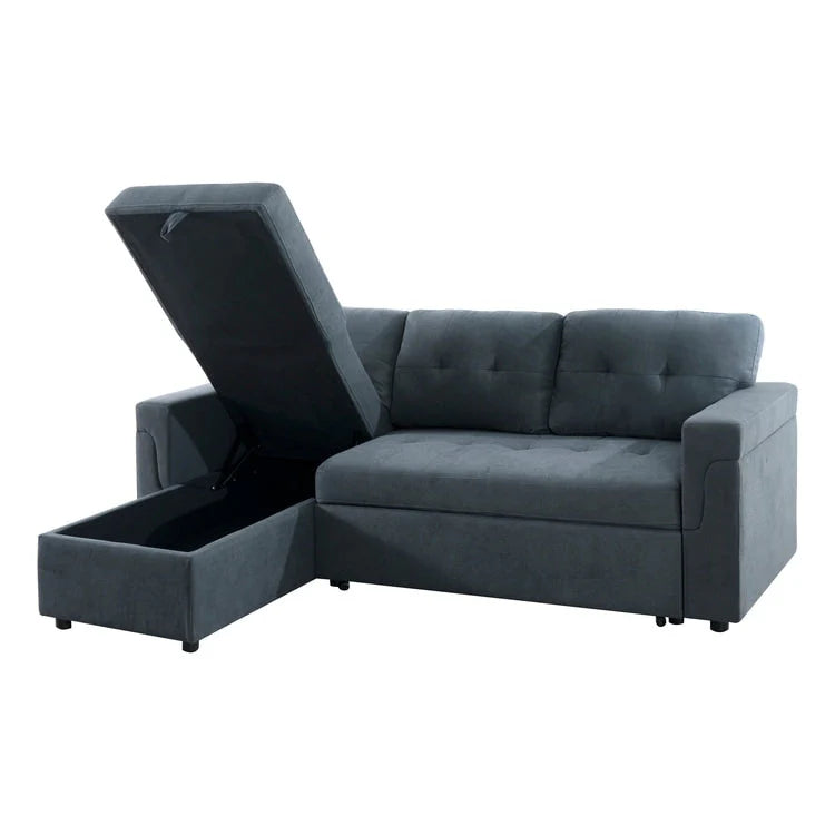 Canapé d'angle convertible et réversible avec lit gigogne, méridienne de rangement dissimulée et pieds robustes.