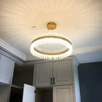 Lustre moderne rond en laiton et cristal pour îlot central