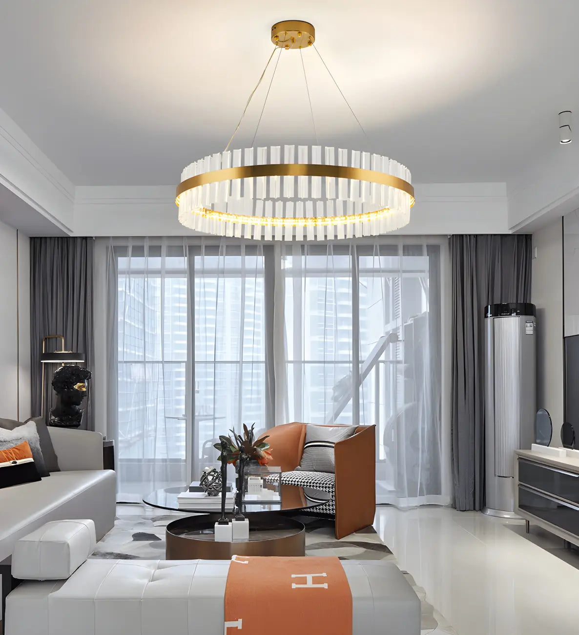 Lustre moderne rond en laiton et cristal pour îlot central
